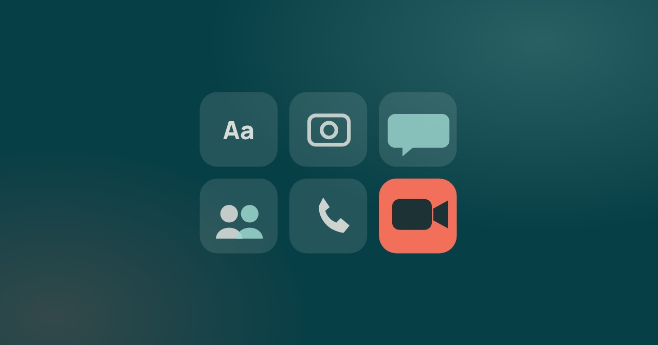 Six app tiles for text, camera, chat, conversation, phone and video, with the video tile highlighted in coral