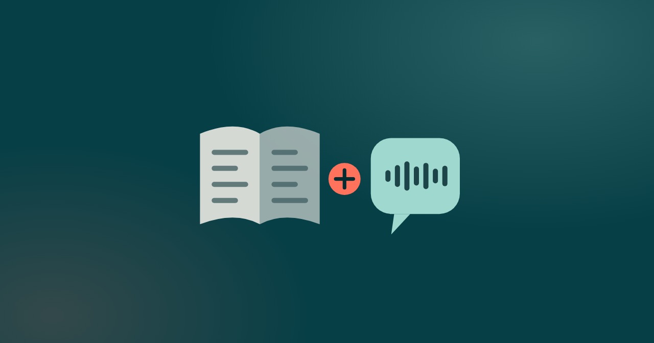 An open book and a speech bubble joined by a plus sign